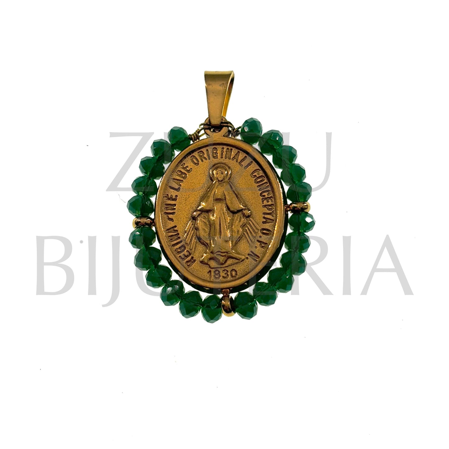 Pendente Nossa Senhora 23mm x 20mm (Cristais Facetado Verde)- Aço Inox