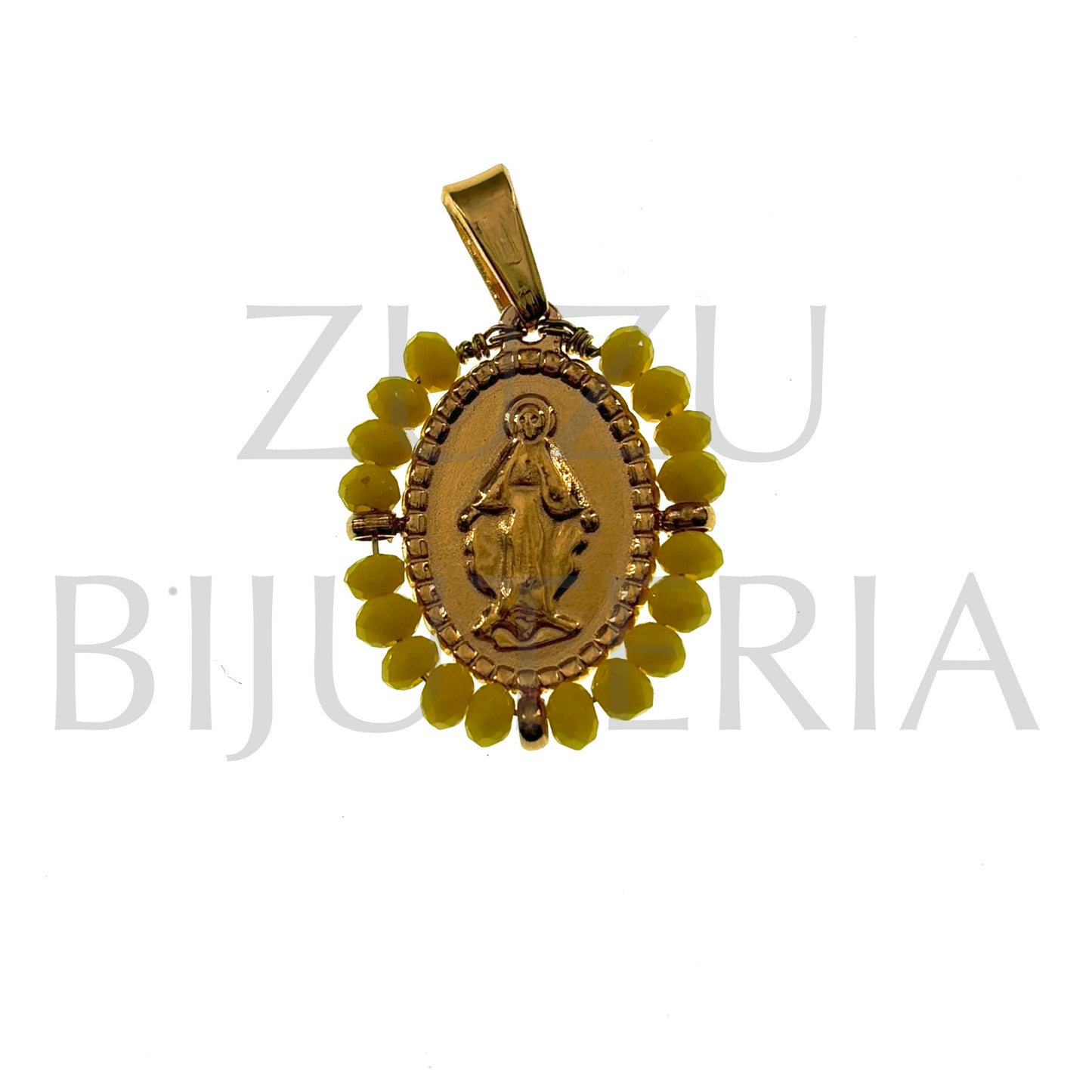 Pendente Nossa Senhora com Cristais Amarelo 19mm x 15mm - Aço Inox