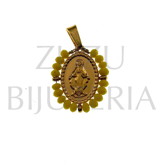 Pendente Nossa Senhora com Cristais Amarelo 19mm x 15mm - Aço Inox