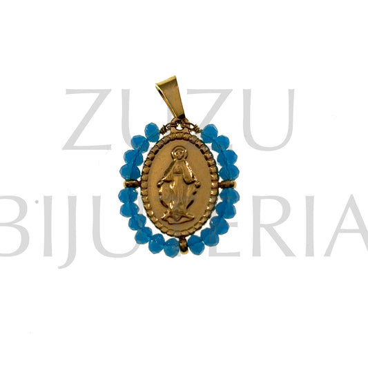 Pendente Nossa Senhora com Cristais Azul 19mm x 15mm - Aço Inox