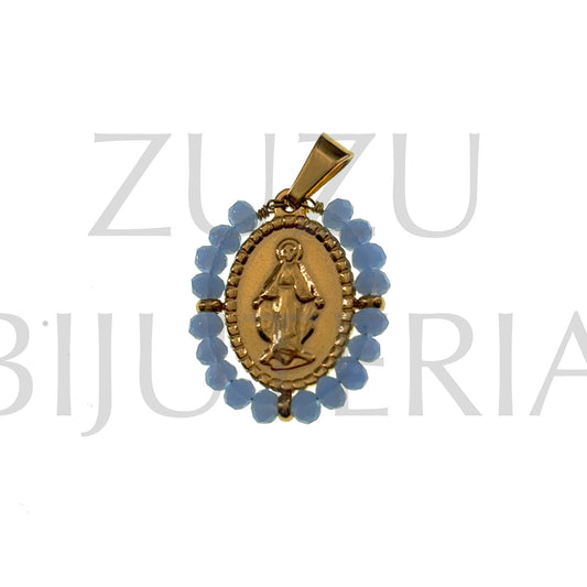 Pendente Nossa Senhora com Cristais Azul Claro 19mm x 15mm - Aço Inox