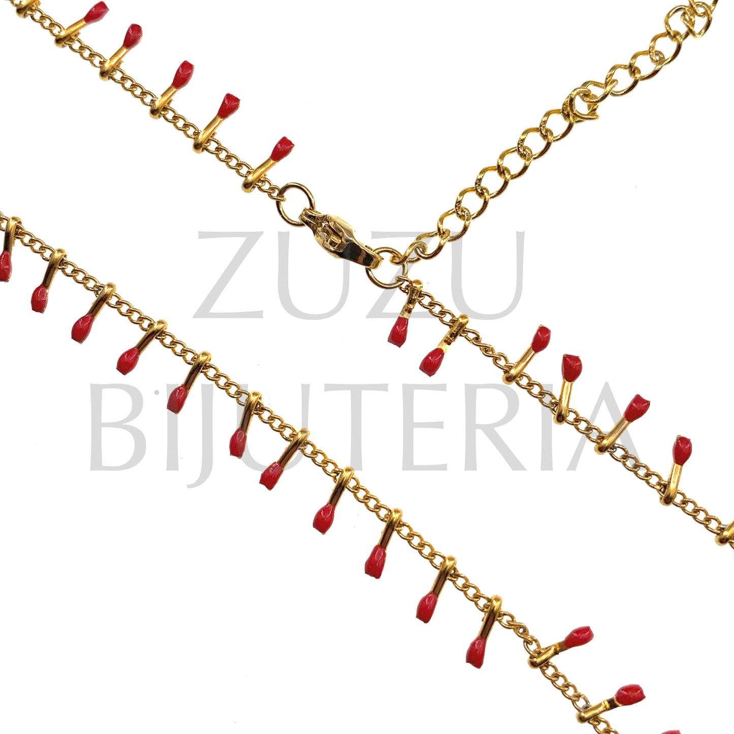 Colar Dourado Detalhes 1.5mm Vermelho (45cm + 5cm) - Aço Inox