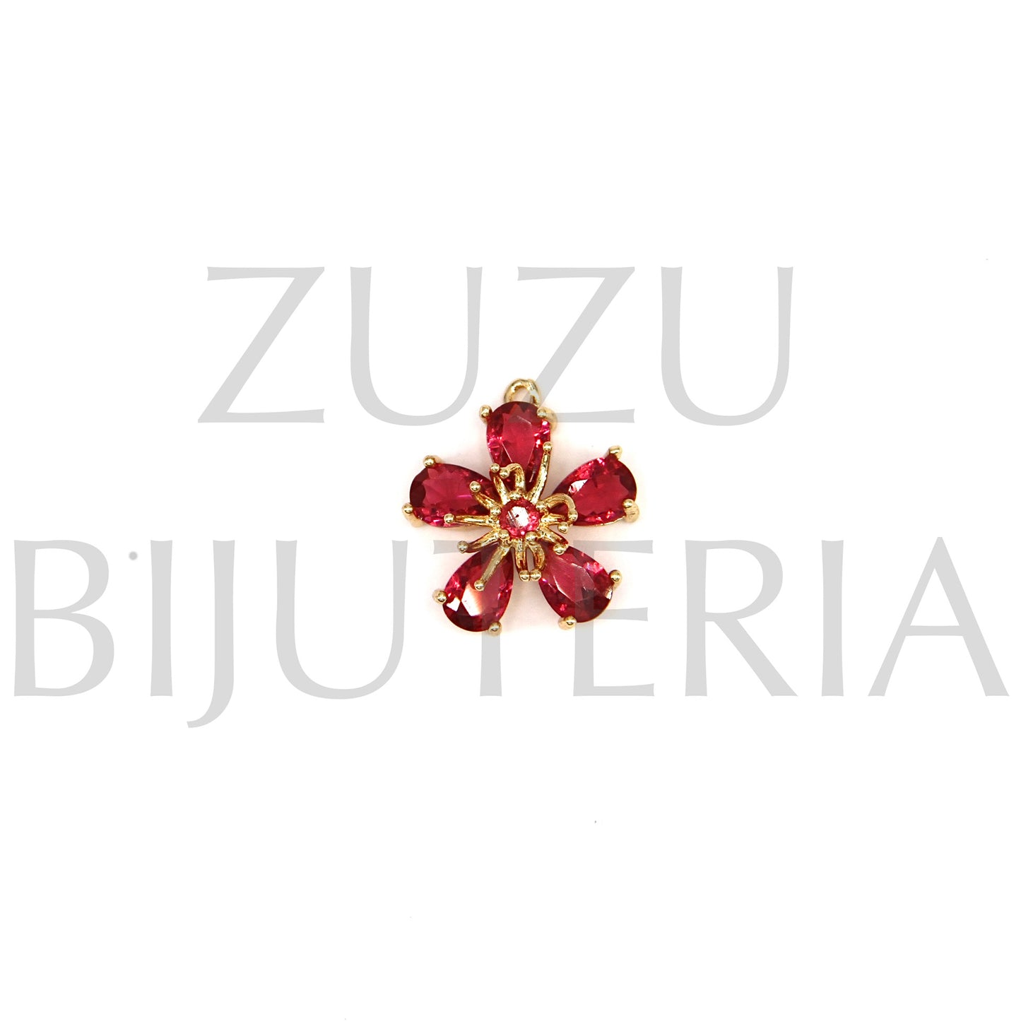 Pendente Flor Dourado com Vidro Rosa 14mm - Cobre