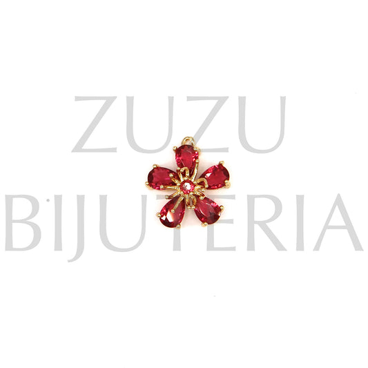 Pendente Flor Dourado com Vidro Rosa 14mm - Cobre