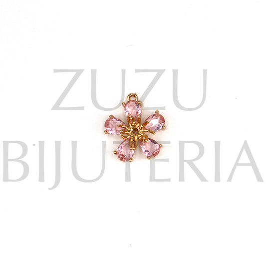 Pendente Flor Dourado com Vidro Cor de Rosa 14mm - Cobre