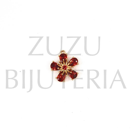 Pendente Flor Dourado com Vidro Vermelho 14mm - Cobre