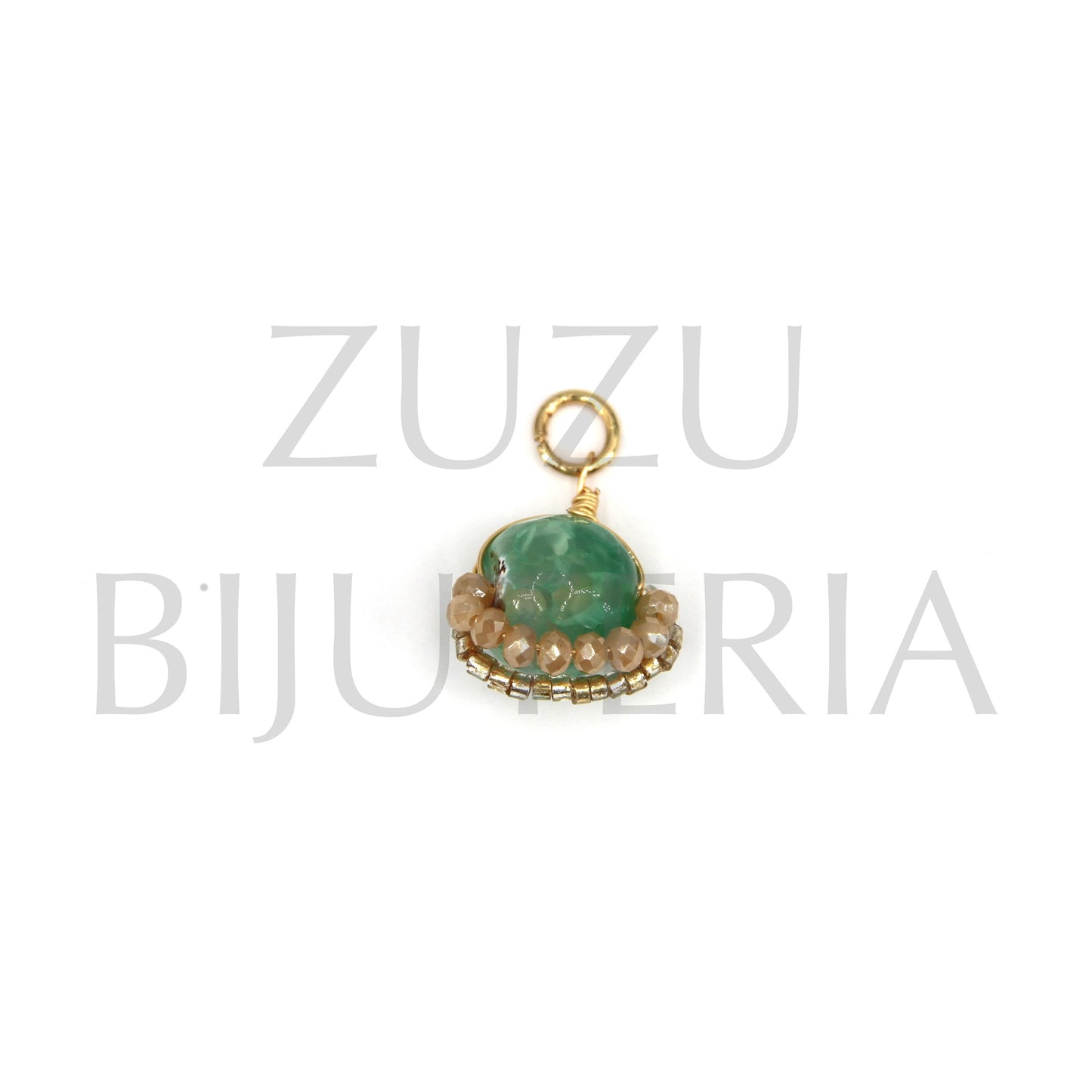 Pendente Pedra Verde com Cristais e Missangas 17mm x 14mm