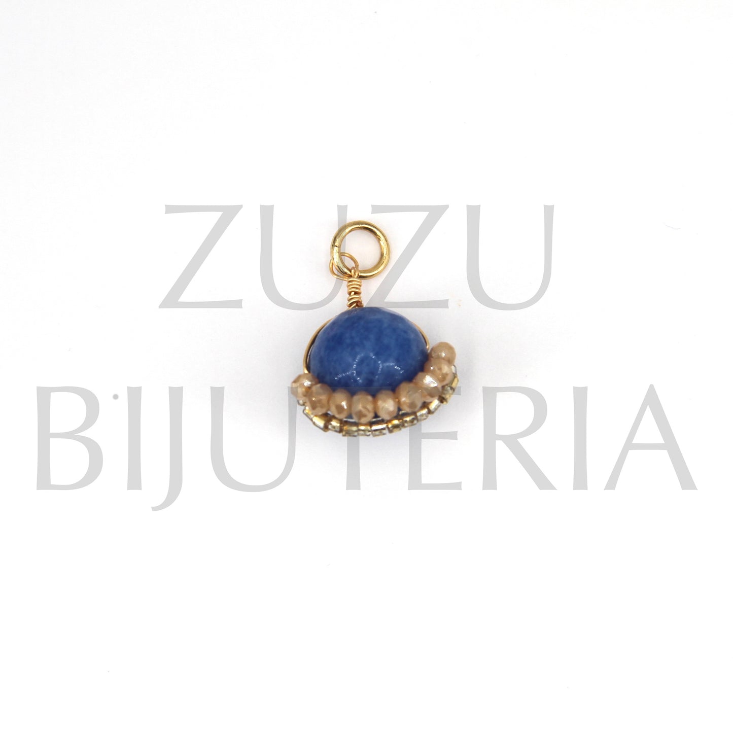 Pendente Pedra Azul com Cristais e Missangas 17mm x 14mm