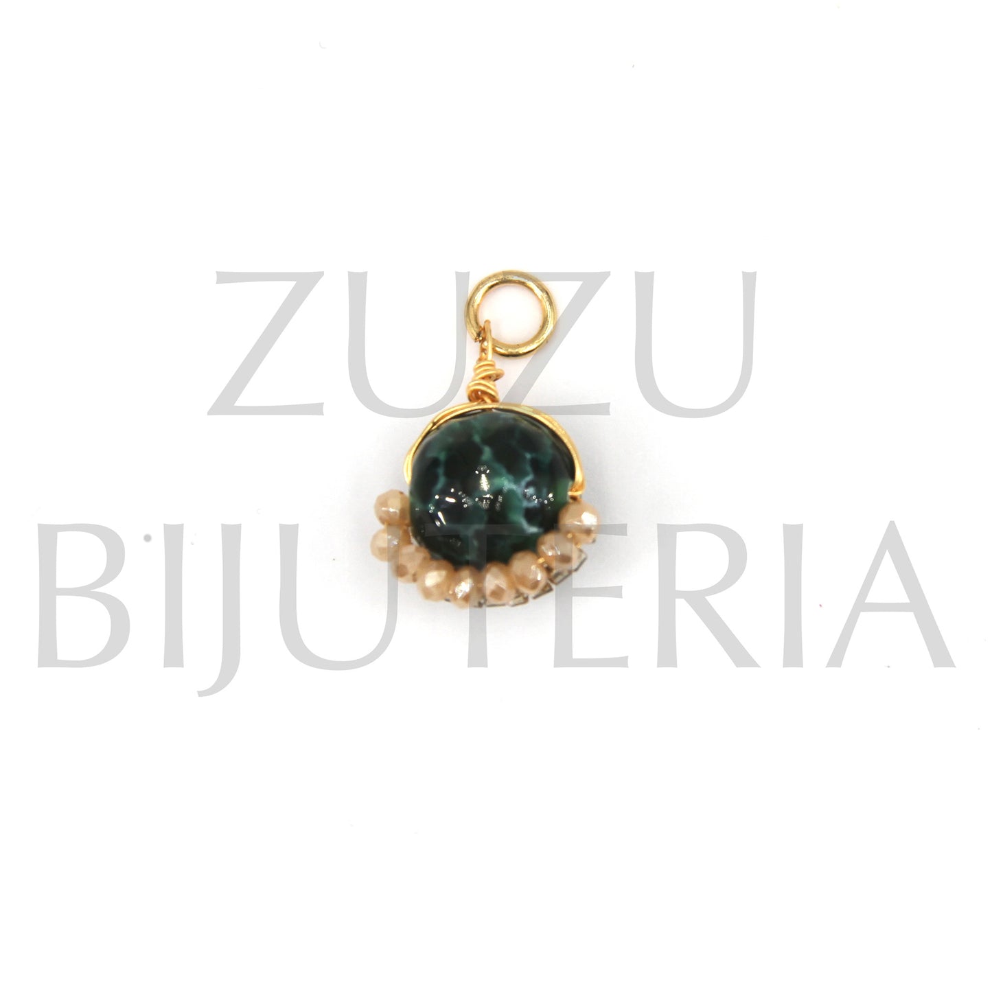 Dark Green Stone Pendant with Crystals and Beads 17mm x 14mm