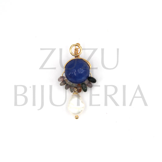 Blue Stone Pendant with Crystals and Natural Pearl 31mm x 14mm