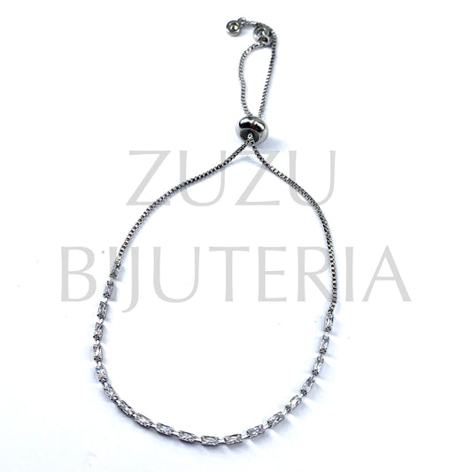 Pulseira Prateado com Zirconias 2mm x 93mm (Ajustável) - Latão