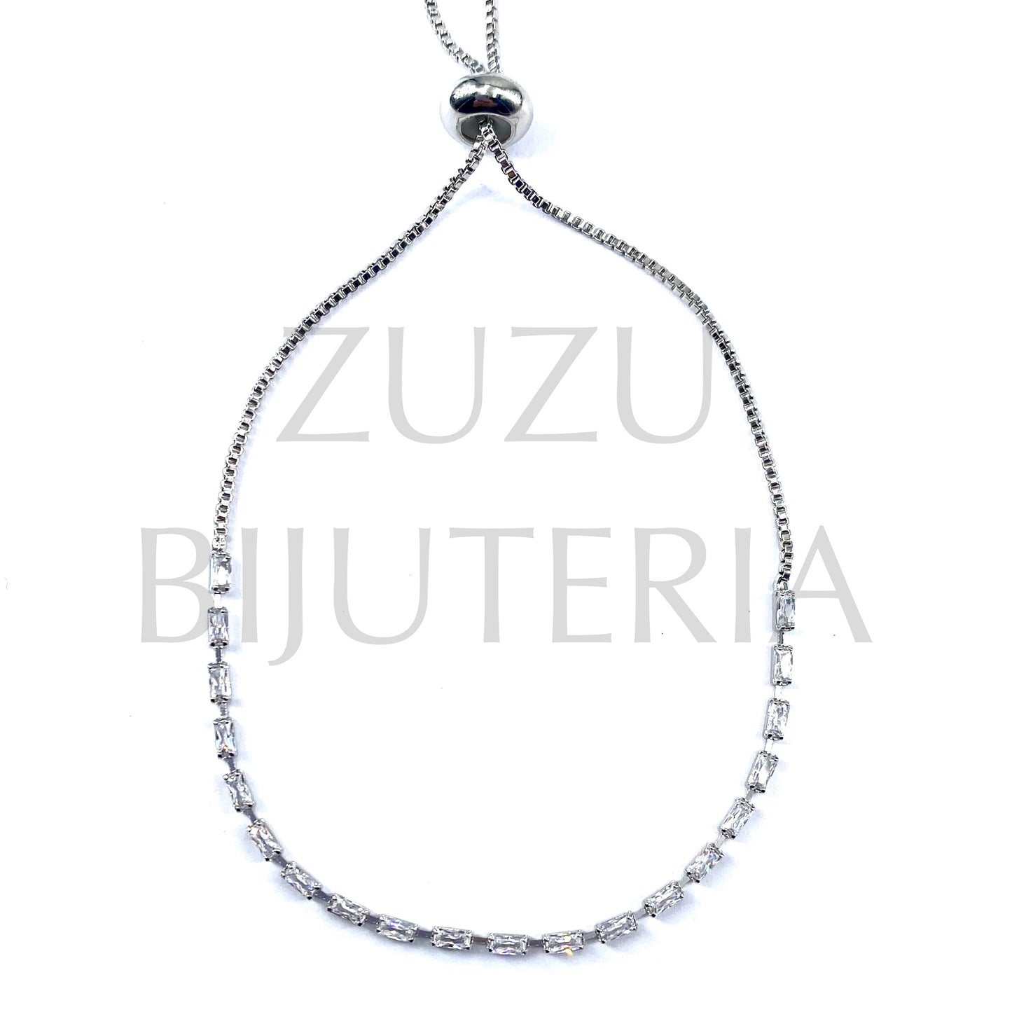 Pulseira Prateado com Zirconias 2mm x 93mm (Ajustável) - Latão