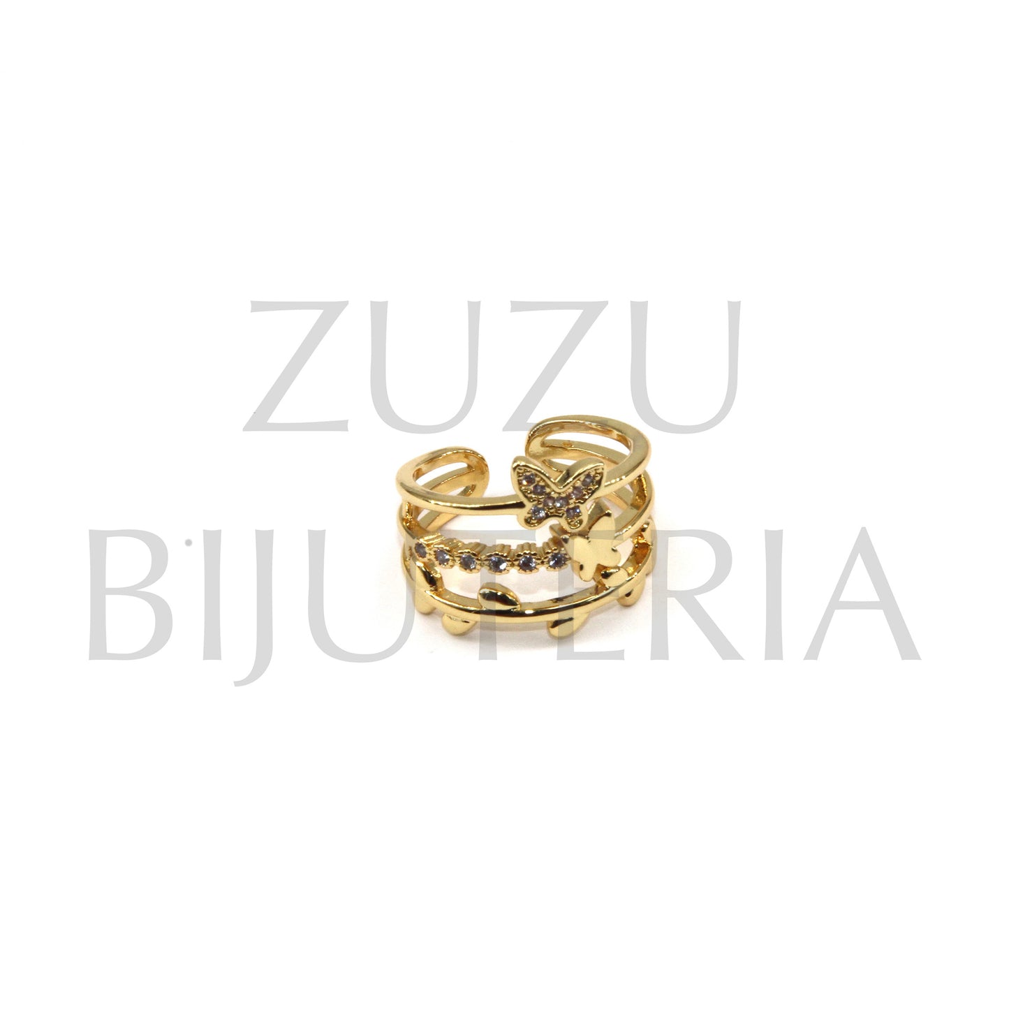 Anel Borboleta Dourado com Zirconias (Ajustável) - Latão