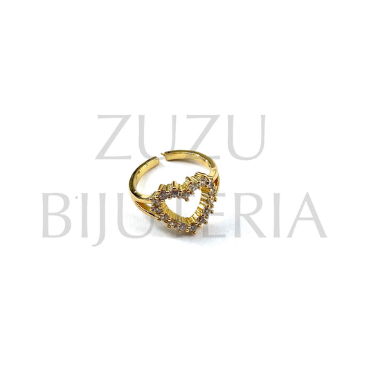 Golden Heart Ring with Zirconia (Adjustable) - Brass
