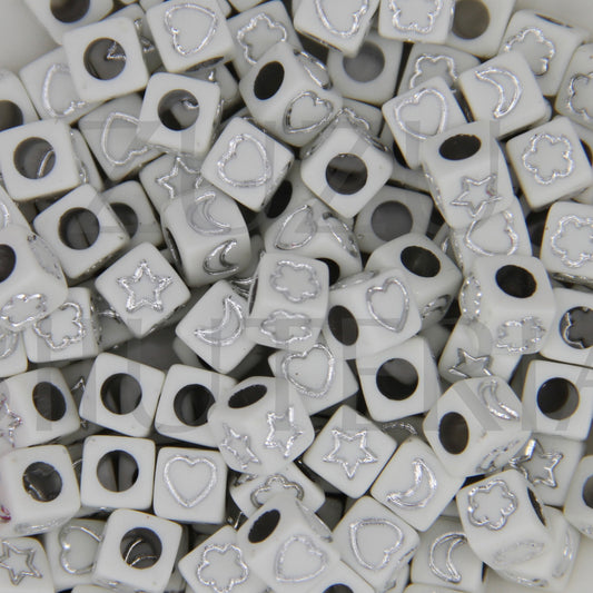 Cube Bead with Symbols Silver 6mm (100 pieces)
