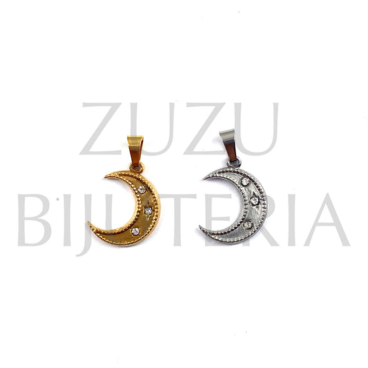 Pendente Lua com Zirconias 15mm - Aço Inox