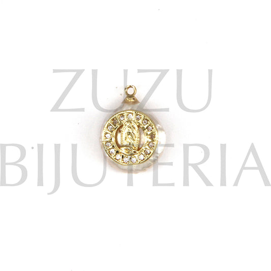 Our Lady Pendant with Zirconia and Natural Pearl 19mm x 15mm - Brass