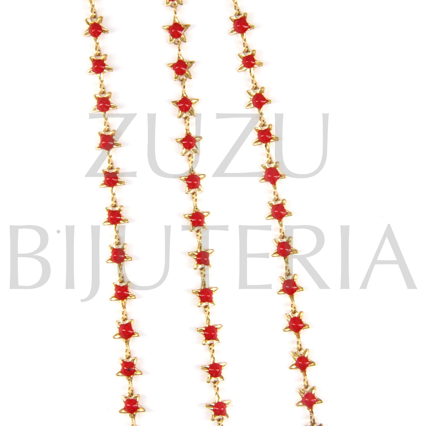 Corrente Estrela com Bolinhas Vermelho 5mm - Aço Inox