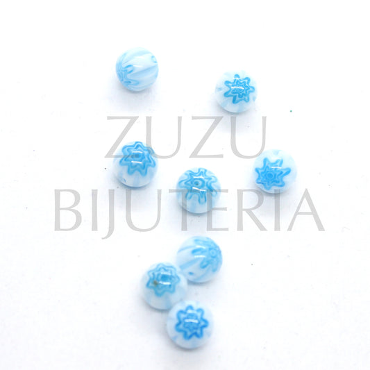 Conta Flor Vidro Azul e Branco 8mm (furo 0.8mm)