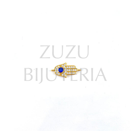 Pendente/Entremeio Mão Hamsa com Zirconias 23mm x 12mm - Latão