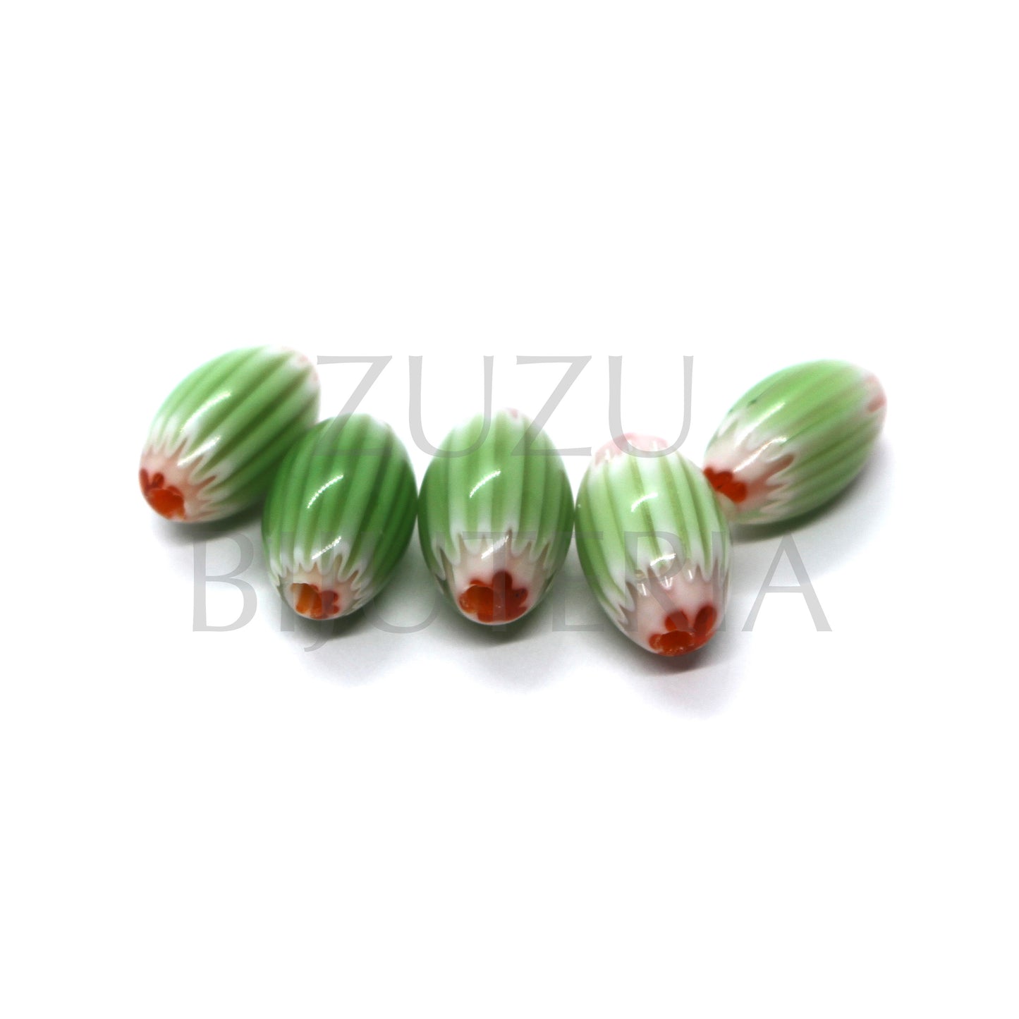 Contas de Vidro Oval 11mm x 6mm - Verde e Vermelho