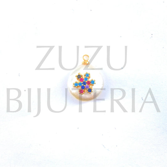 Freshwater Pearl Pendant with Zirconia Flower Pendant ~13mm - Brass