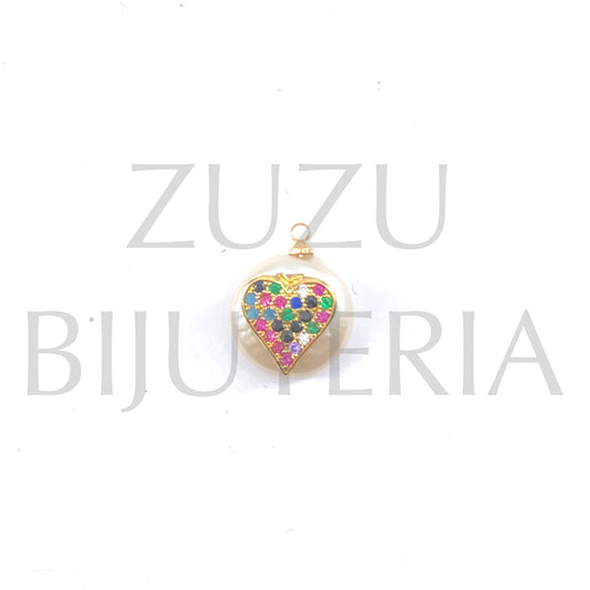 Freshwater Pearl Pendant with Zirconia Heart Pendant ~13mm - Brass