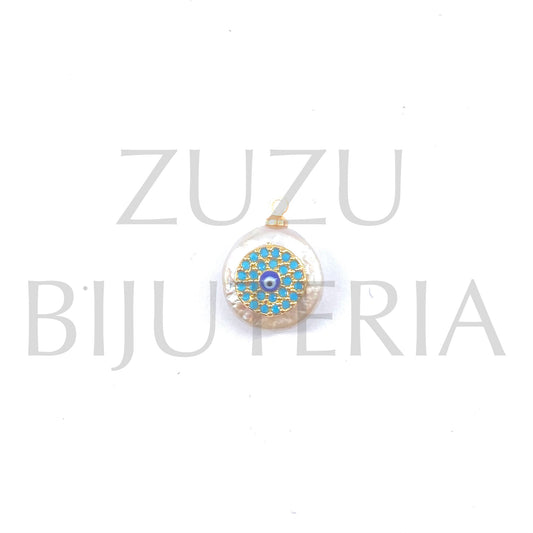 Freshwater Pearl Pendant with Zirconia Eye Pendant ~13mm - Brass