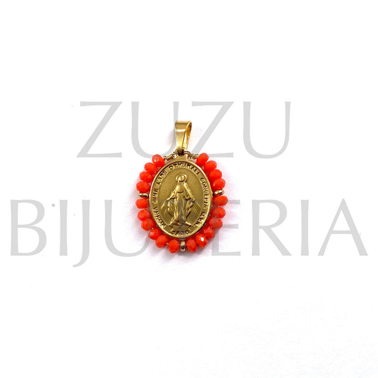 Our Lady Pendant 23mm x 20mm (Faceted Orange Crystals) - Stainless Steel