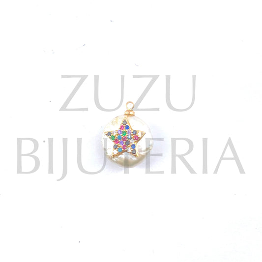 Freshwater Pearl Pendant with Zirconia Star Pendant ~13mm - Brass