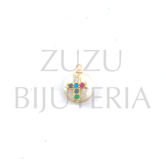 Freshwater Pearl Pendant with Cross Zirconia Pendant ~13mm - Brass