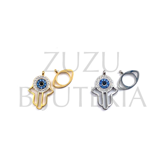 Pendente Mão Hamsa 19mm x 15mm e Olho 9mm x 14mm com Zirconias - Aço Inox