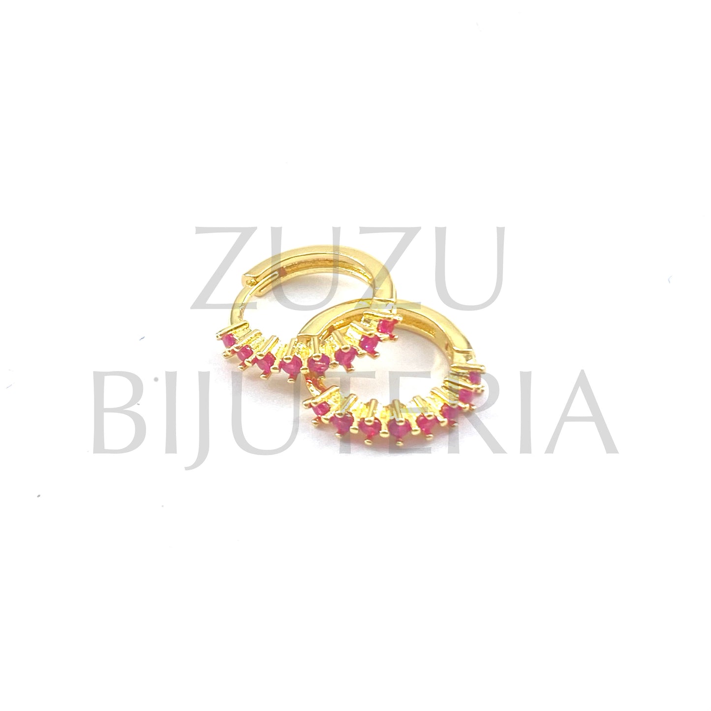 Brinco Argola com Zirconias Rosa 15mm - Latão