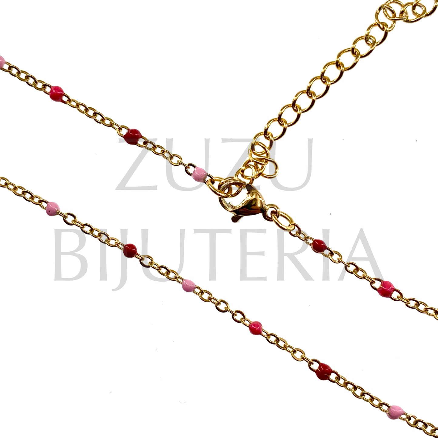 Chain Necklace Flat Oval Link 2mm with Mixed Pink Polka Dots - 45cm + 5cm - Stainless Steel