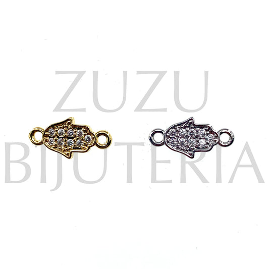 Pendente/Entremeio Mão Hamsa com Zirconias 15mm x 7mm - Latão