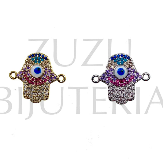 Pendente/Entremeio Mão Hamsa com Zirconias 17mm x 20mm - Latão