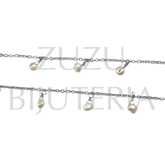 1.5mm Silver Link Chain with 4mm Natural Pearls - Stainless Steel