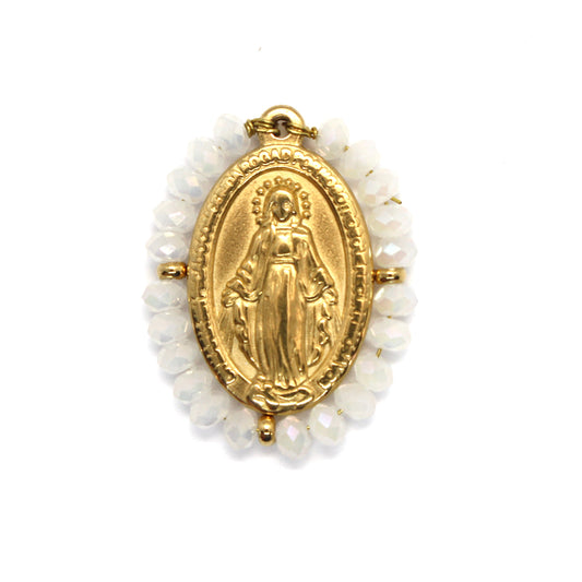 Our Lady of Guadalupe Pendant 25mm x 19mm (Matte White Faceted Crystals) - Stainless Steel