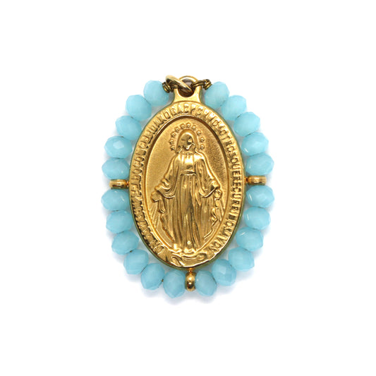 Our Lady of Guadalupe Pendant 25mm x 19mm (Matte Blue Faceted Crystals) - Stainless Steel