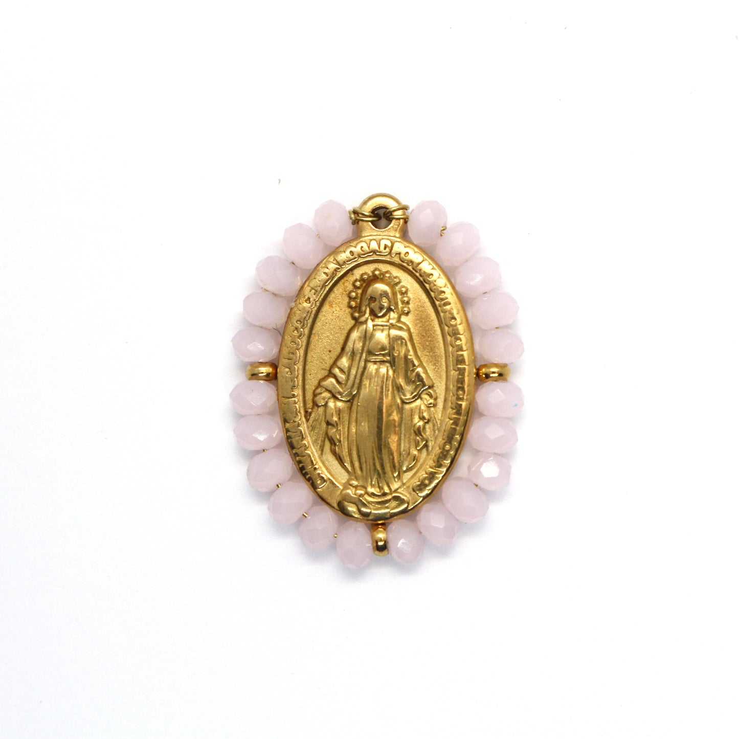 Pendente Nossa Senhora de Guadalupe 25mm x 19mm (Cristais Facetado Cor de Rosa Claro Fosco) - Aço Inox