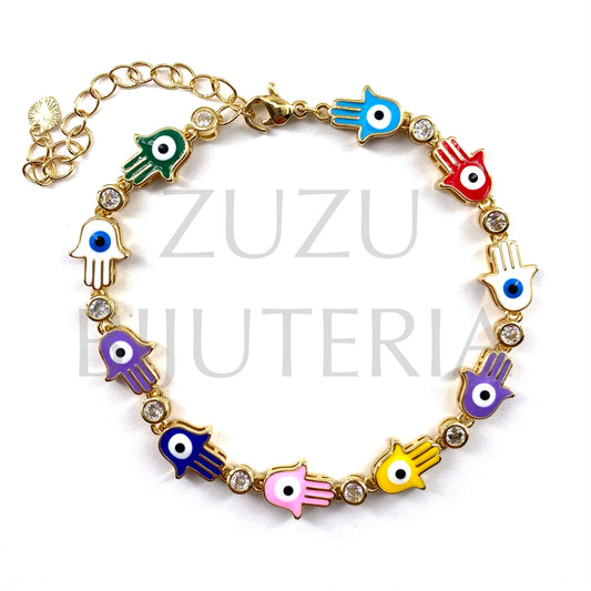 Pulseira Mão Hamsa com Olho 18cm + 6cm - Latão