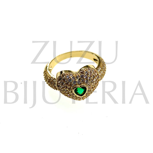 Heart Ring with Green Zirconia 18mm - Brass