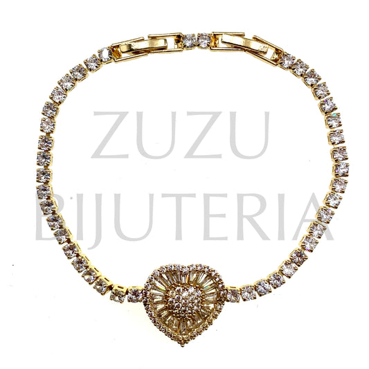 Pulseira Coração com Zirconias Dourado 3mm (17cm + 3cm) - Latão