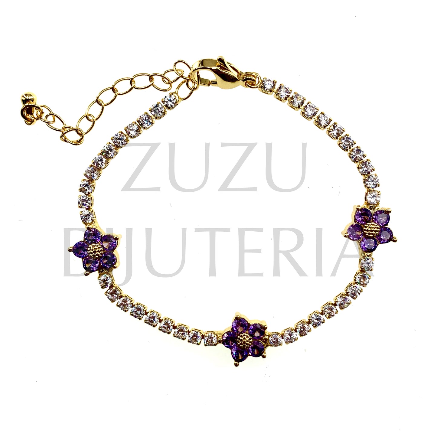 Pulseira Flor Lilás com Zirconias Dourado 10mm (16cm + 5cm) - Latão