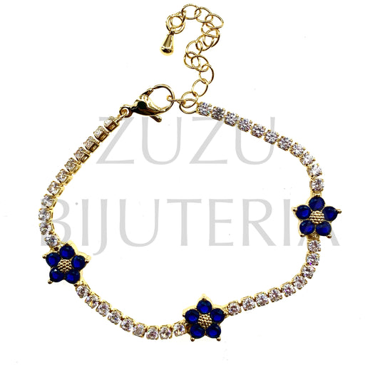 Pulseira Flor Azul Escuro com Zirconias Dourado 10mm (16cm + 5cm) - Latão