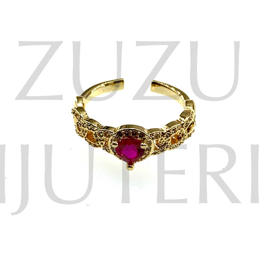 Ring with Zirconia Heart (Adjustable) - Brass