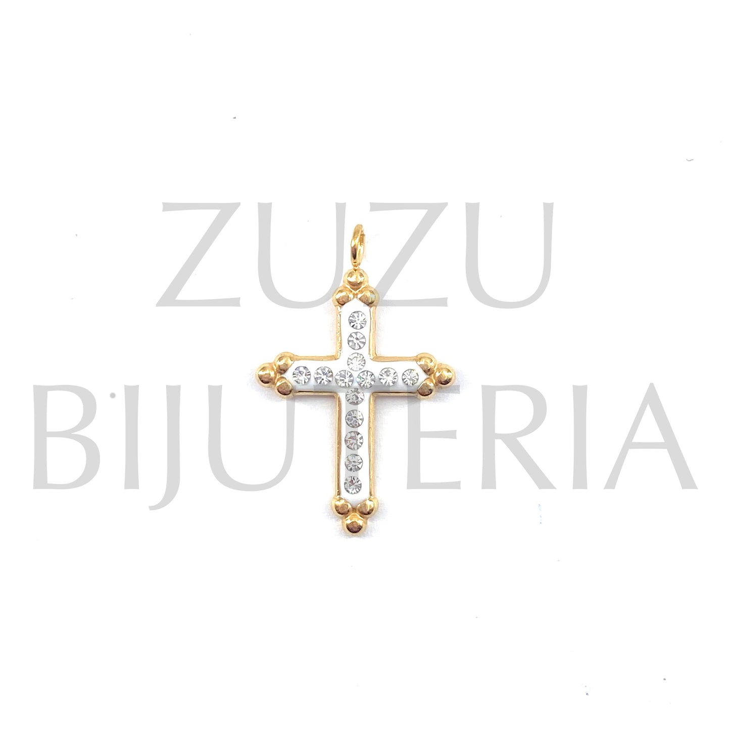 Pendente Cruz com Zirconias 23mm x 17mm - Aço Inox