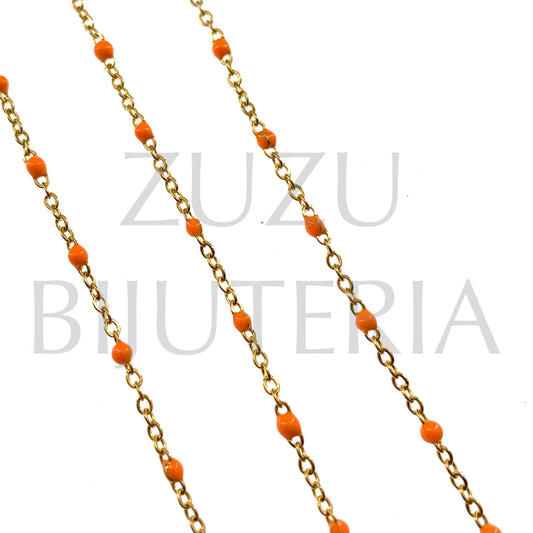 2mm Flat Oval Link Chain with Orange Polka Dots - Stainless Steel