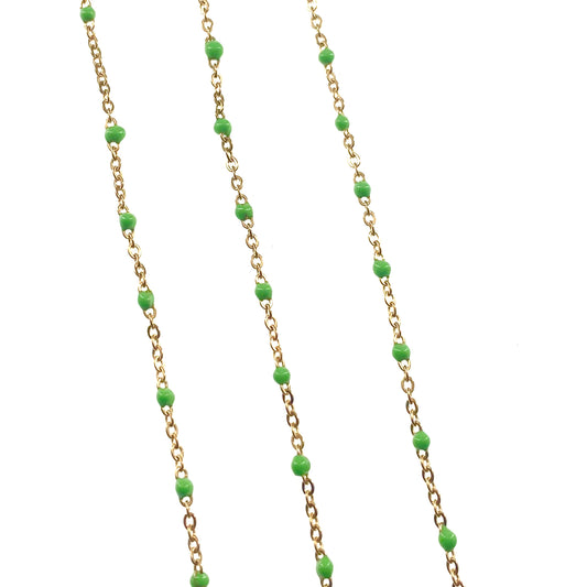 2mm Flat Oval Link Chain with Green Polka Dots - Stainless Steel