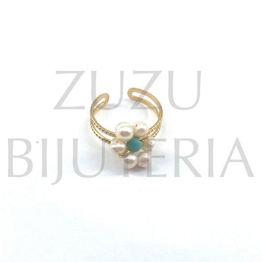 Ring with Golden Freshwater Pearl (Adjustable) - Stainless Steel